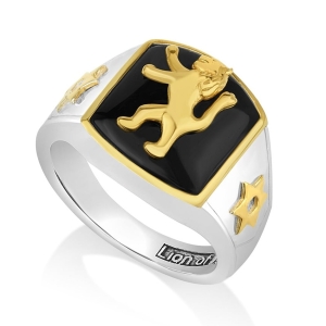 Men's Gold-Plated Lion of Judah Sterling Silver Ring with Onyx