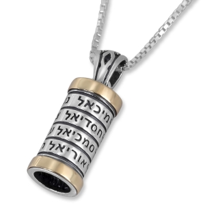 9K Gold and Sterling Silver Spinning Cylinder Necklace with Angels' Names