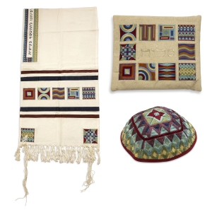 Yair Emanuel Embroidered Tallit Set With Square Patterns – Multicolored