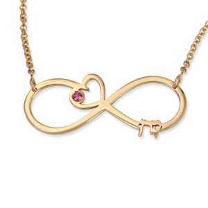 14K Gold English Hebrew Infinity Name Necklace with Heart and Birthstone