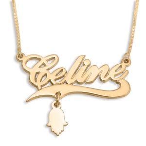 24K Gold-Plated Customizable Name Necklace with Hamsa Charm 