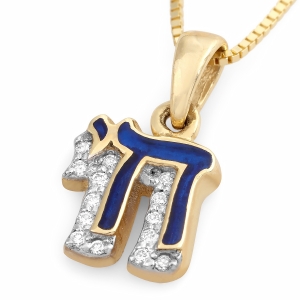 Petite 14K Gold and Blue Enamel Chai Pendant Necklace With Diamonds