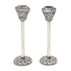Grand Handcrafted Polished Sterling Silver Candlesticks With Filigree Design By Traditional Yemenite Art