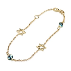 14K Yellow Gold Bracelet with Evil Eye and Star of David Charms