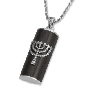 Sterling Silver and Basalt Mezuzah Necklace with Menorah