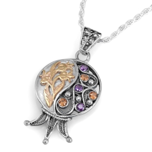 Rafael Jewelry Sterling Silver & 9K Gold Pomegranate Pendant with Amethyst & Citrine Stones