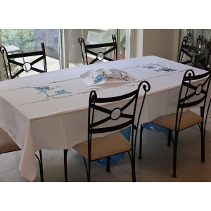 Stain Resistant Blue Embroidery-on-Both-Ends Shabbat Tablecloth Set