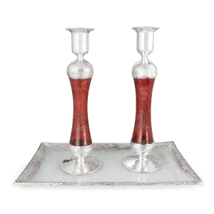 Large Handcrafted Sterling-Silver Plated Glass Shabbat Candlesticks (Red)