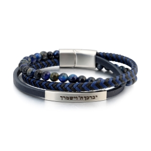 Men's Priestly Blessing 3-Band Beaded Leather Bracelet with Magnetic Clasp - Black and Blue 