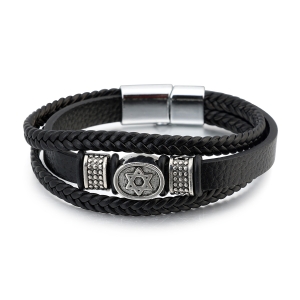 Men's Star of David Black Leather Bracelet with Magnetic Clasp