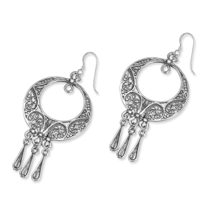 Traditional Yemenite Art Handcrafted Sterling Silver Circular Filigreed Earrings With Teardrops
