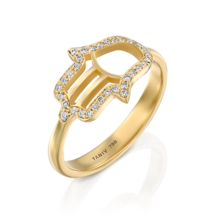 Yaniv Fine Jewelry 18K Gold Slim Diamond Studded Hamsa Ring for Women - Color Option