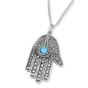 Traditional Yemenite Art Handcrafted Sterling Silver Filigreed Hamsa Necklace With Blue Opal Stone