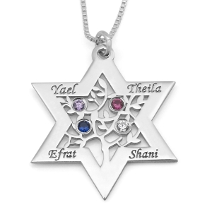 Personalized Birthstone Star of David and Tree of Life Necklace - Sterling Silver or Gold Plated