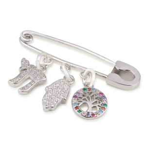 Silver Safety Pin for the Baby - Tree of Life Chai and Hamsa