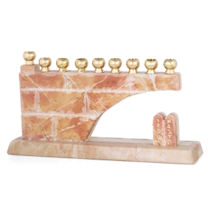 Jerusalem Stone Arch Hanukkah Menorah with Ten Commandments - Red