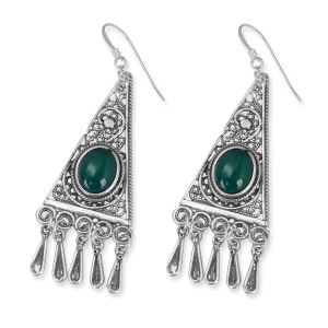 Traditional Yemenite Art Handcrafted Sterling Silver Filigree Triangle Earrings With Green Agate Stone