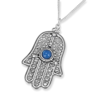 Traditional Yemenite Art Handcrafted Sterling Silver and Agate Hamsa Necklace With Rope Motif