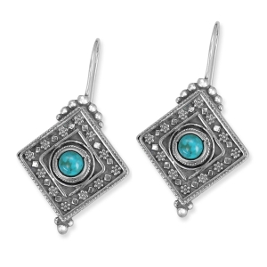 Traditional Yemenite Art Luxurious Handcrafted Sterling Silver Diamond-Shaped Earrings With Eilat Stone