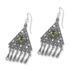 Traditional Yemenite Art Handcrafted Sterling Silver and Peridot Stone Triangle Earrings With Chic Designs
