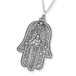 Traditional Yemenite Art Handcrafted Sterling Silver Hamsa Necklace With Elegant Cord Design