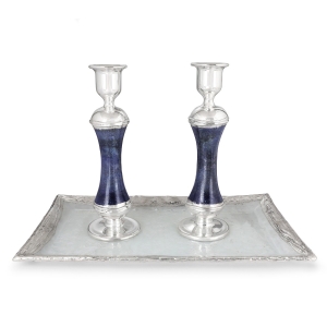 Tall Handmade Dark Blue Glass and Sterling Silver-Plated Shabbat Candlesticks
