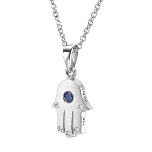 Yaniv Fine Jewelry Thick 18K Gold Hamsa Pendant With Blue Sapphire Stone and 5 White Diamonds 