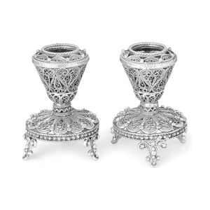 Traditional Yemenite Art Chic Handcrafted Sterling Silver Shabbat Candlesticks With Filigree Design