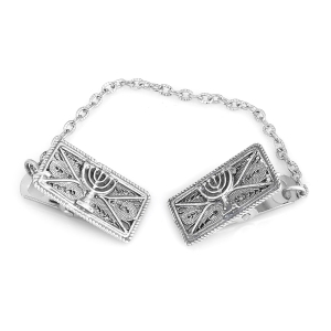 Traditional Yemenite Art Handcrafted  Sterling Silver Menorah Tallit Clips With Rope Motif
