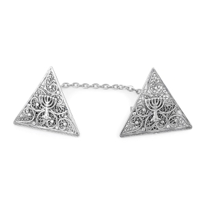 Traditional Yemenite Art Handcrafted Triangular Sterling Silver Menorah Tallit Clips with Filigree Design