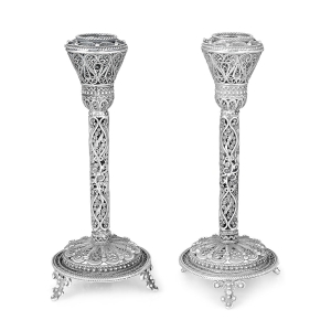 Traditional Yemenite Art Large Handcrafted Sterling Silver Shabbat Candlesticks With Filigree Design