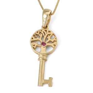 14K Gold Tree of Life Key Necklace With Ruby Stone (Choice of Colors)