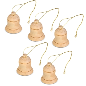 Olive Wood Miniature Bell Ornaments - Set of 5