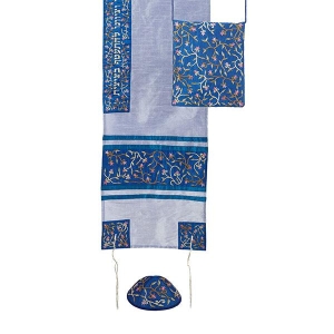 Yair Emanuel 'Tallisack' Blue Embroidered Floral Tallit with Matching Bag & Kippah (Women's)