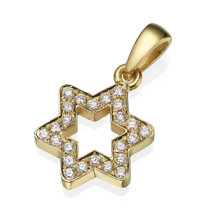 18K Gold Star of David Outline Women's Pendant With White Diamonds