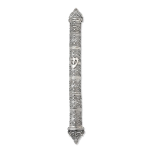 Shoham Yemenite Art Handcrafted Long Sterling Silver Mezuzah Case with Pear and Dot Filigree Design