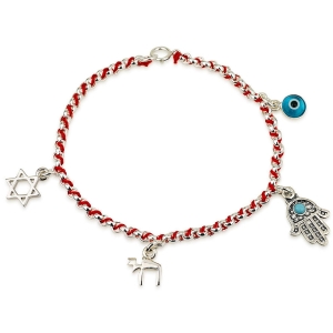 Red String Silver Bracelet with Multiple Jewish Charms