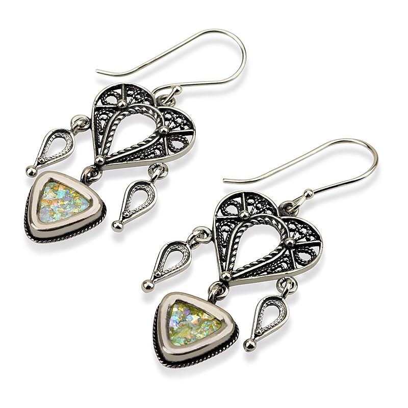  Roman Glass and Silver Heart Earrings - 1