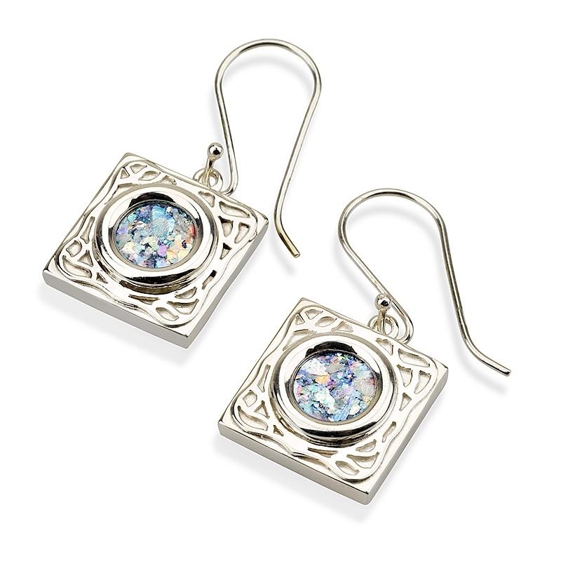  Roman Glass and Silver Textured Square Earrings - 1