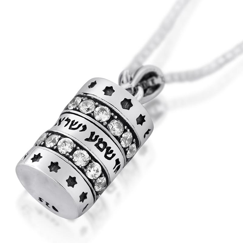 Silver Star of David Necklace with Shema Israel and Cubic Zirconia - 2