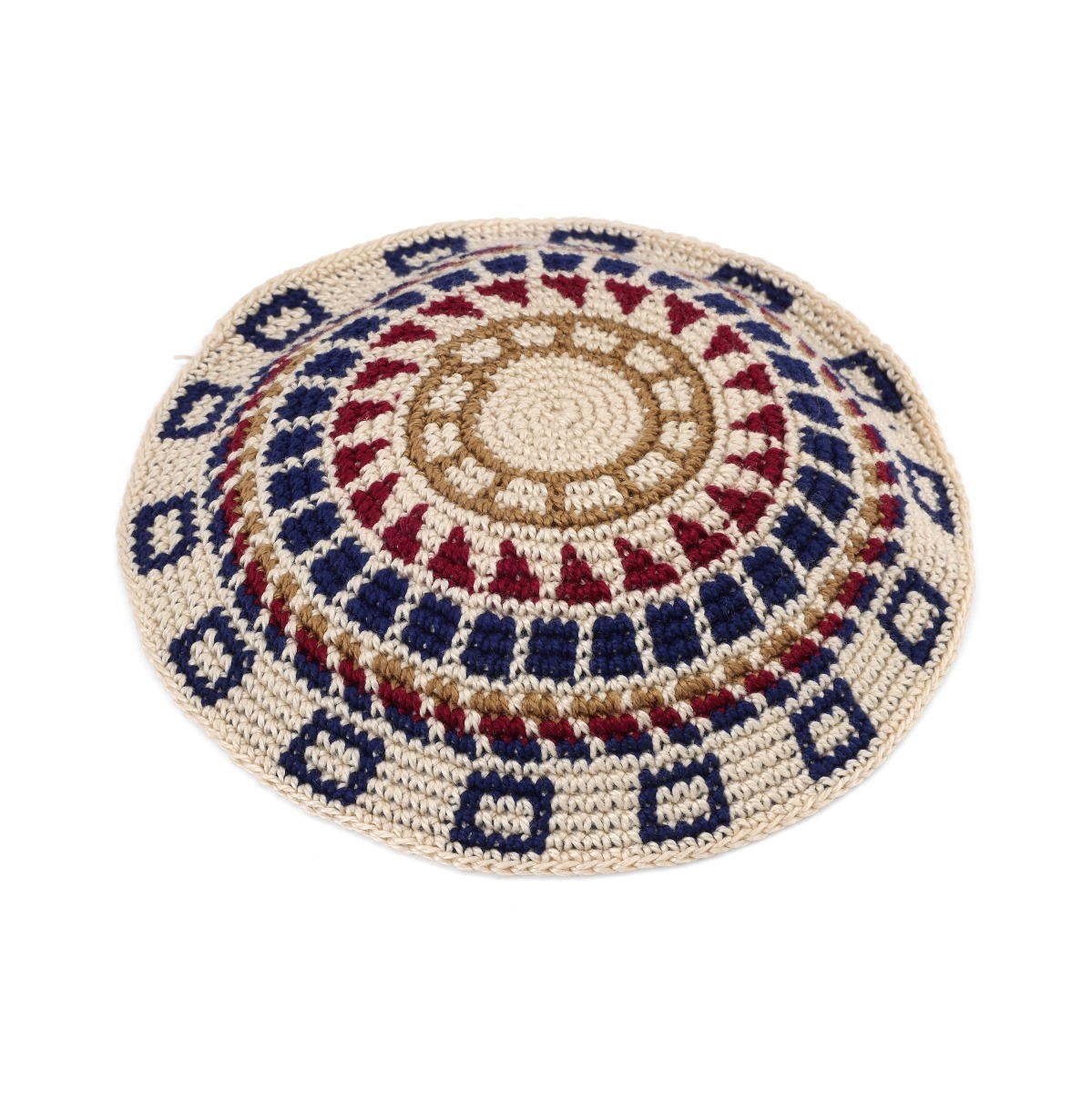 High-Quality Knitted Beige Kippah with Brown, Navy Blue and Bordeaux Design - 1