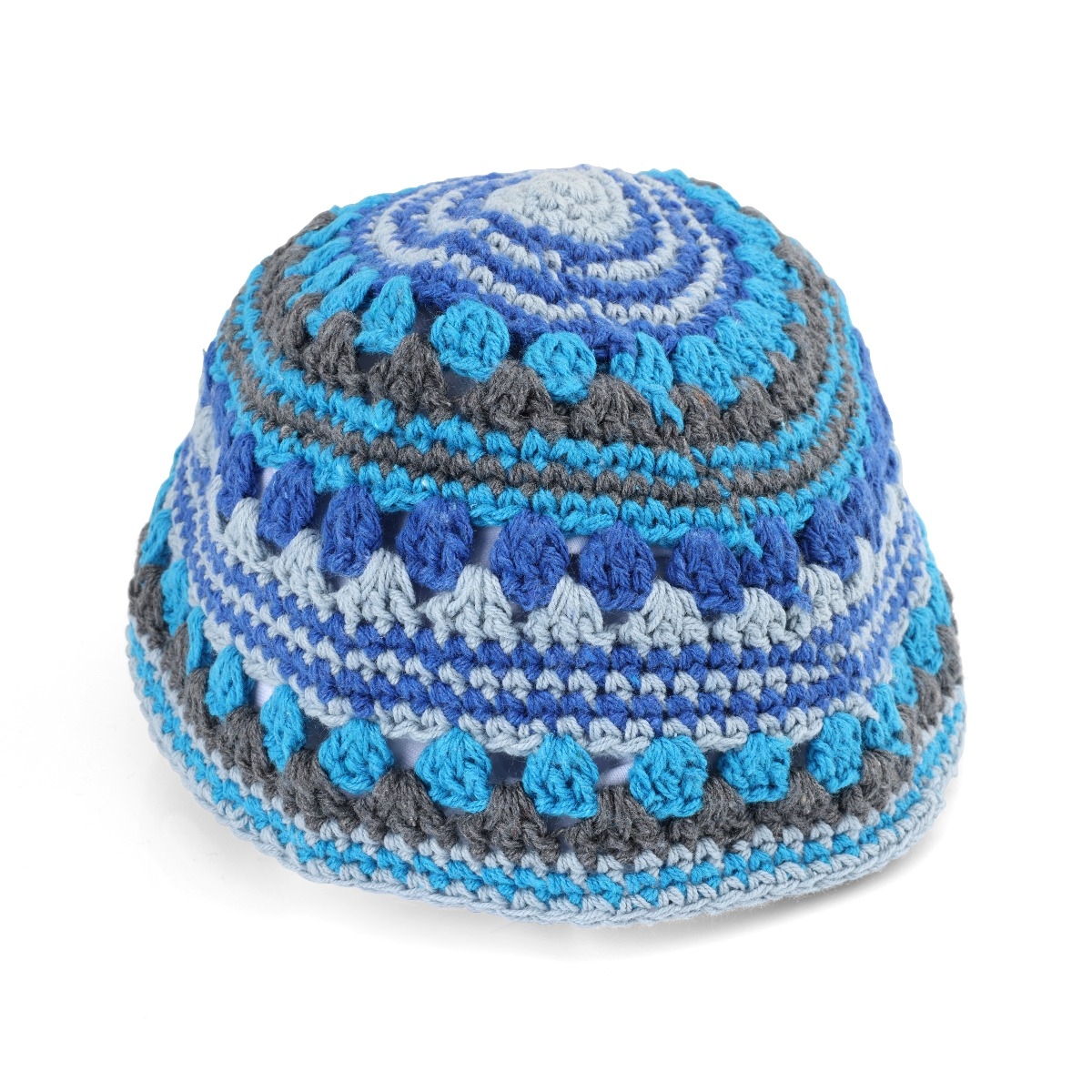Crocheted Frik Kippah with Blue, Turquoise and Gray Design - 1