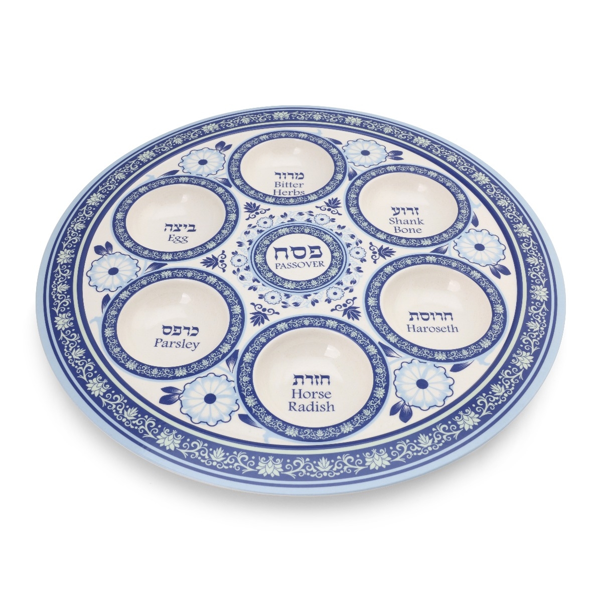 Stylish Passover Seder Plate With Floral Design (Blue) - 1