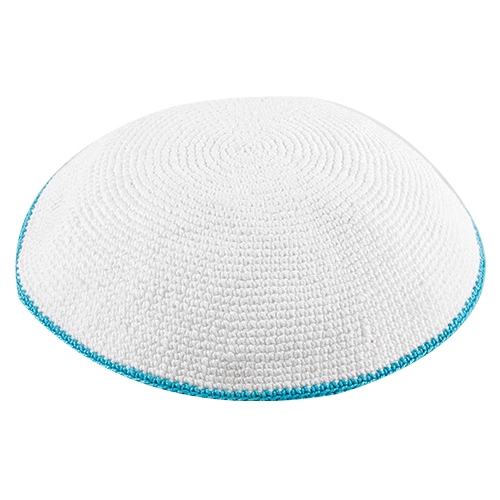 White Knitted Kippah with Turquoise Border - 1