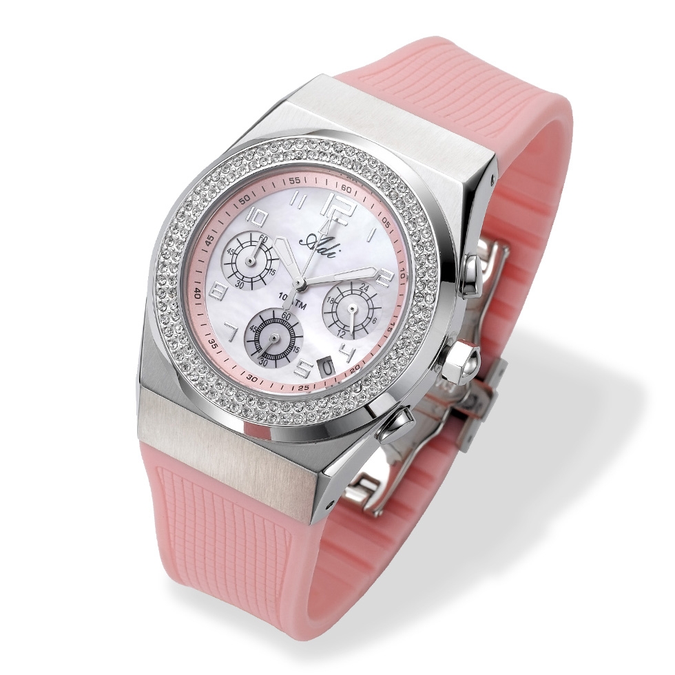 Adi Stainless Steel Analog Watch with Crystals and Silicone Strap - Pink - 1
