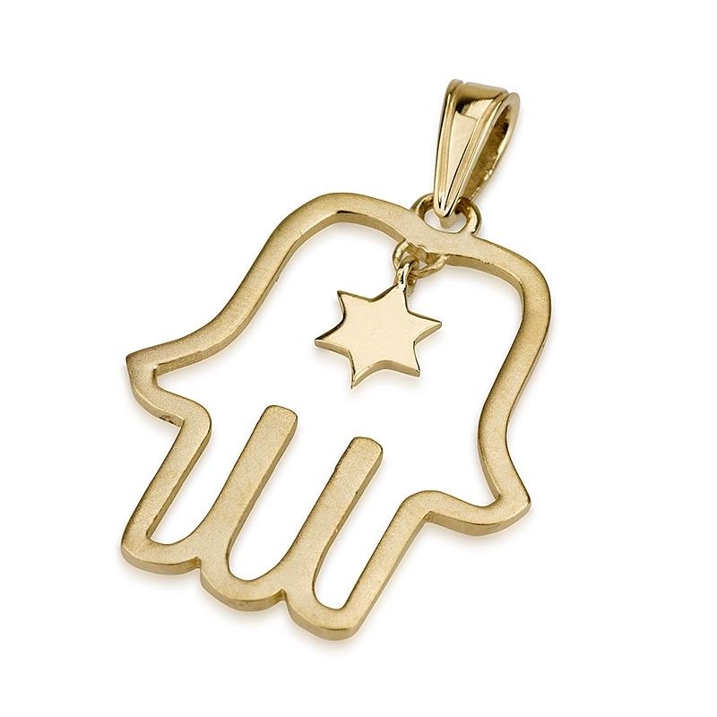 14K Gold Hamsa with Hanging Star of David Pendant - 1