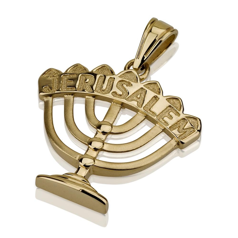 14K Gold Menorah Jerusalem Pendant - 1