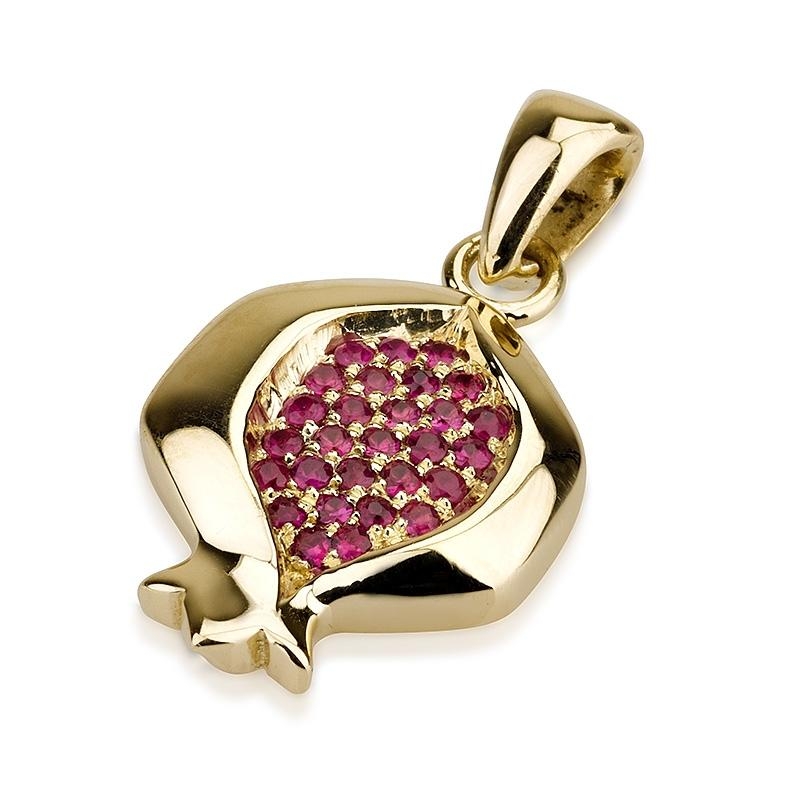 14K Gold Pomegranate Pendant with Red Ruby Gemstones - 1