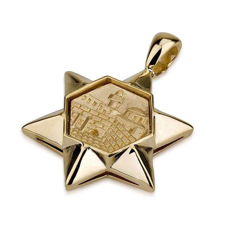 14K Gold Raised Star of David Pendant with Western Wall Motif - 1