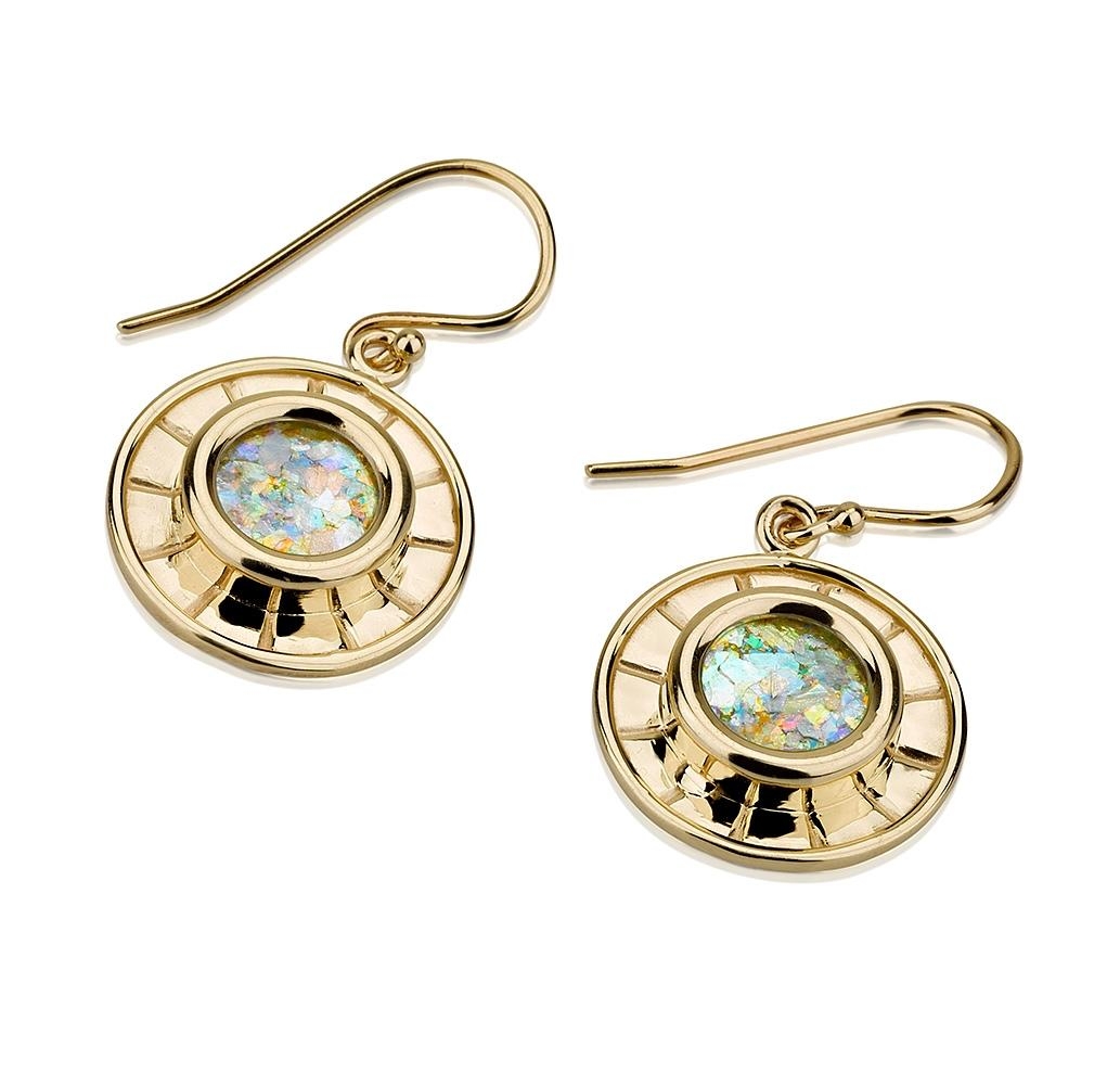 14K Gold and Roman Glass Dial Earrings - 1
